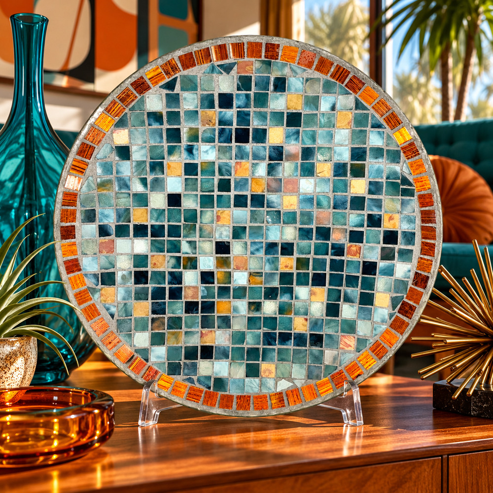 Retro MCM Style Glass Mosaic Charger Plate 12" Teal Blue Amber Centerpiece Decor